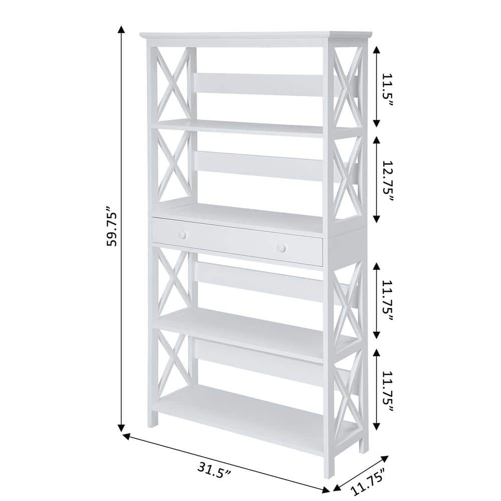 Oxford Elegance White Engineered Wood 5-Tier Bookcase with Drawer