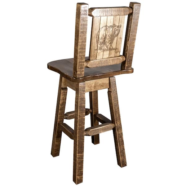 Homestead Collection 30 in. Early American Laser Engraved Bear Motif Bar Stool with Swivel Seat and Back