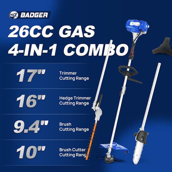 26cc 4-in-1 Full Crank 2-Stroke Gas Straight Shaft Multi-Function String Trimmer with Pole Saw Attachment and Spool