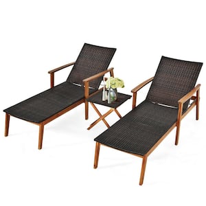 3-Piece Outdoor Wooden Rattan Lounge Chaise Chair Set with Folding Table in Brown