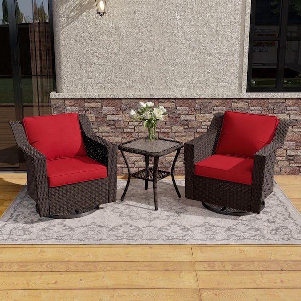 3-Piece Stylish Wicker Patio Swivel Chair Outdoor Rocking Chair Set with Thick Red Cushions and Table