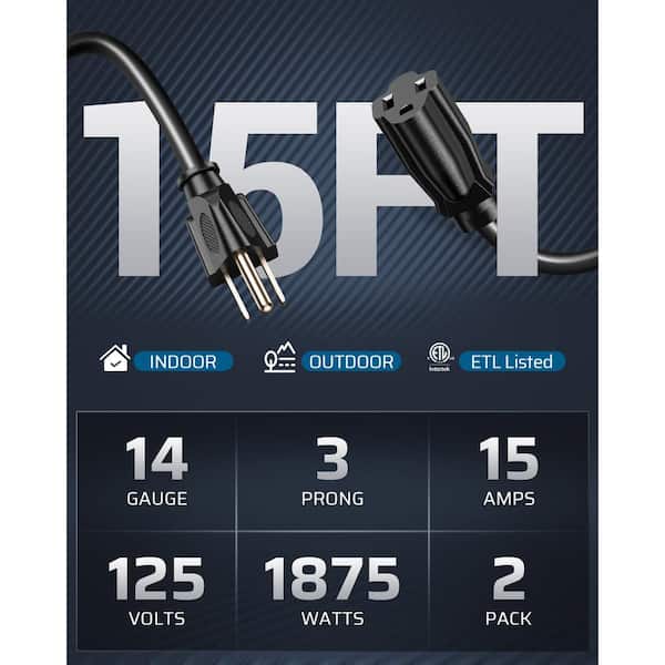 15 ft. 14/3 SJTW Indoor/Outdoor Extension Cord with 3 Prong, Black (2-Pack )