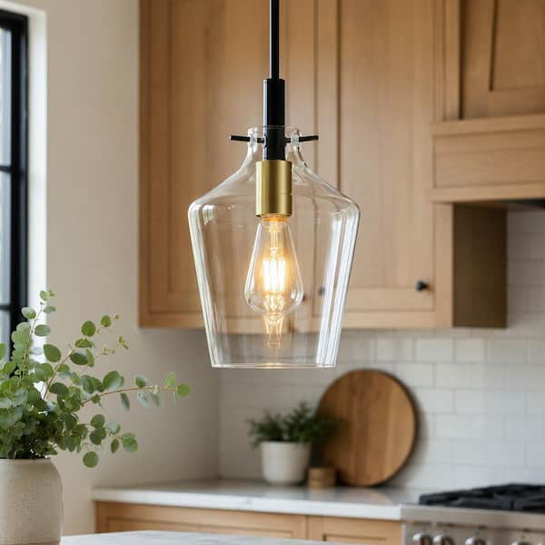 RayHome 7.87in. 1-Light Modern Black and Brass Adjustable Pendant Light with Clear Glass for Kitchen Island Dining