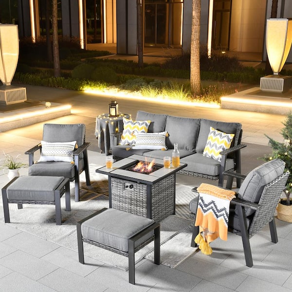 HOOOWOOO Walden Grey 6-Piece Wicker Steel Outdoor Patio Conversation Sofa Set with a Fire Pit and Dark Grey Cushions