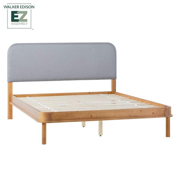 Contemporary Brown and Grey Solid Wood Frame Queen Platform Bed with Elegant Curved Upholstered Headboard
