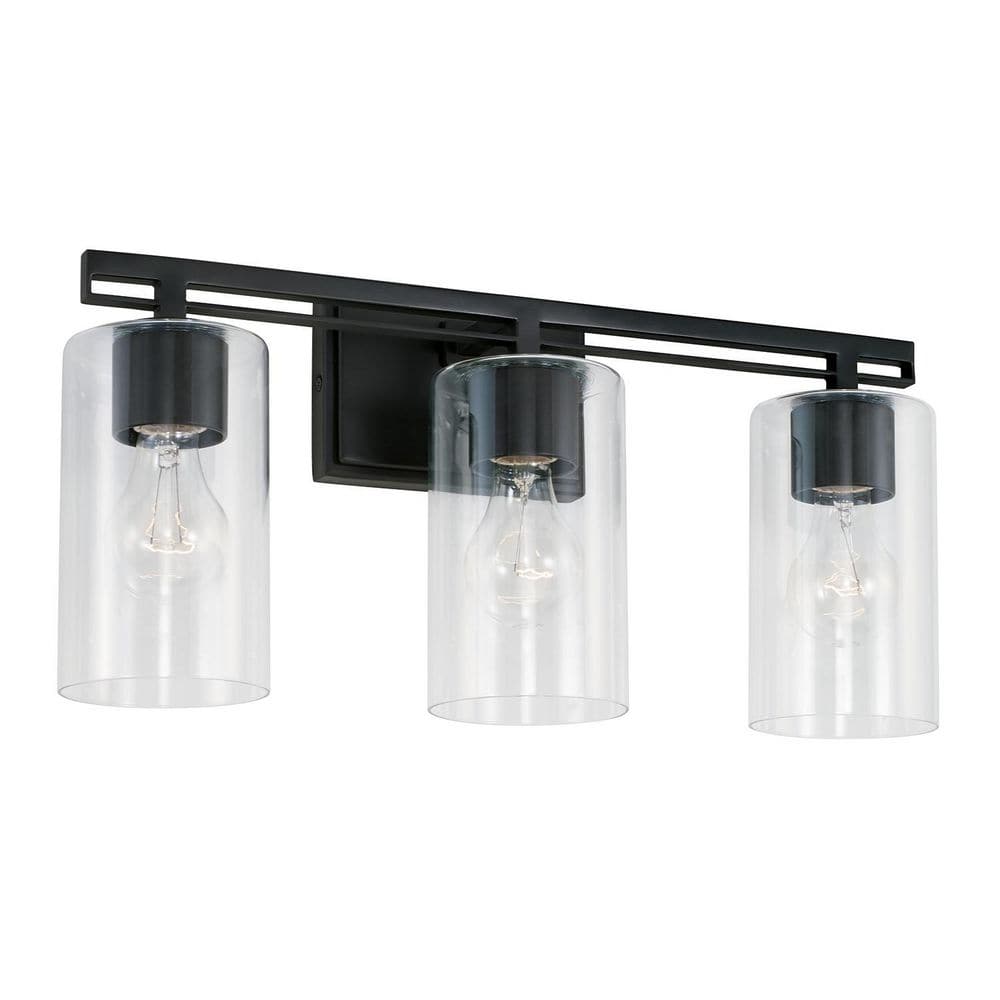 Matte Black Steel and Glass 3-Light Dimmable Vanity Fixture