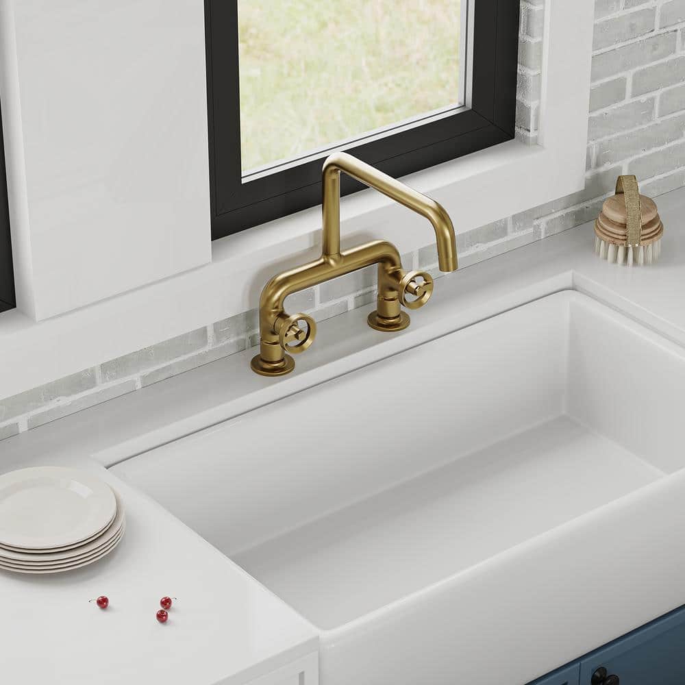 Brushed Gold Double Handle Deck Mount Kitchen Faucet