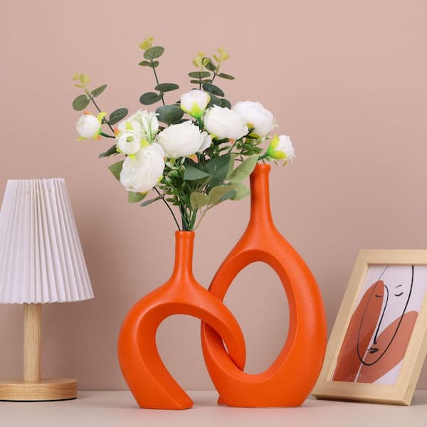 12 in Hollow Bud Vases Set of 2, Modern Snuggle and Huging Style Ceramic Vase, Orange
