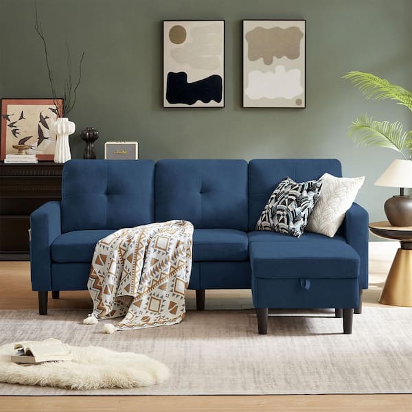STICKON 79.14 in. W Square Arm 2-Piece Fabric L-Shaped Reversible Sectional Sofa in Blue