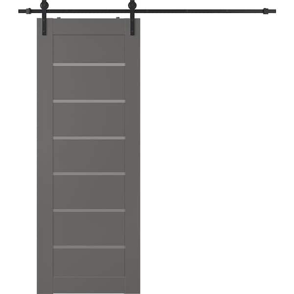 Belldinni Alba 24 in. x 80 in. 6-Lite Frosted Glass Gray Matte Wood Composite Sliding Barn Door with Hardware Kit