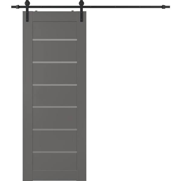 Belldinni Alba 30 in. x 84 in. 7-Lite Frosted Glass Gray Matte Wood Composite Sliding Barn Door with Hardware Kit