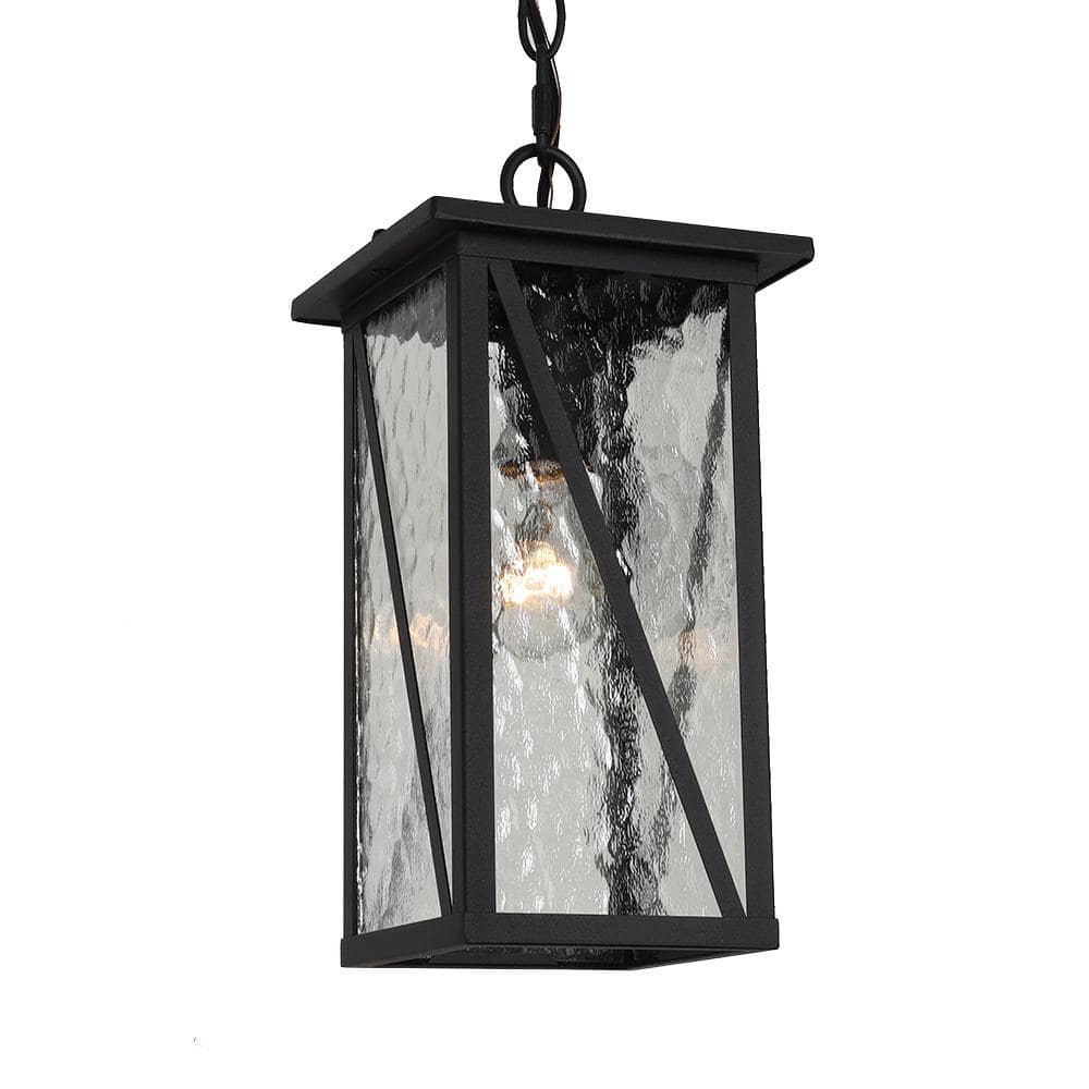 12.6 in. 1-Light Black Dimmable Outdoor Pendant Light with Clear Water Glas