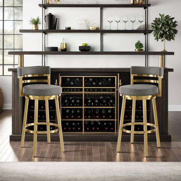 Armen Living Madrid 30 in. Vintage Gray Metal Bar Stool with Faux Leather Seat