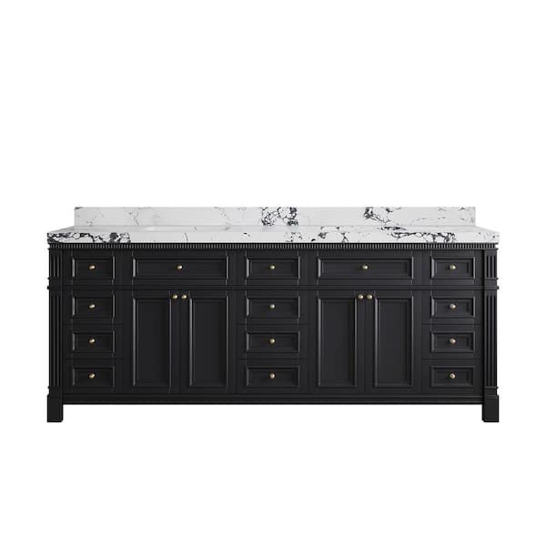 Willow Collections Paris 84 in. W x 22 in. D x 36 in. H Double Sink Bath Vanity in Black with 2 in. Viola Night qt. Top
