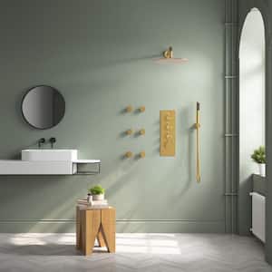 7-Spray Patterns with 2.5 GPM 12 in. Wall Mount Dual Shower Heads with 6 Body Jets in Brushed Gold (Valve Included)