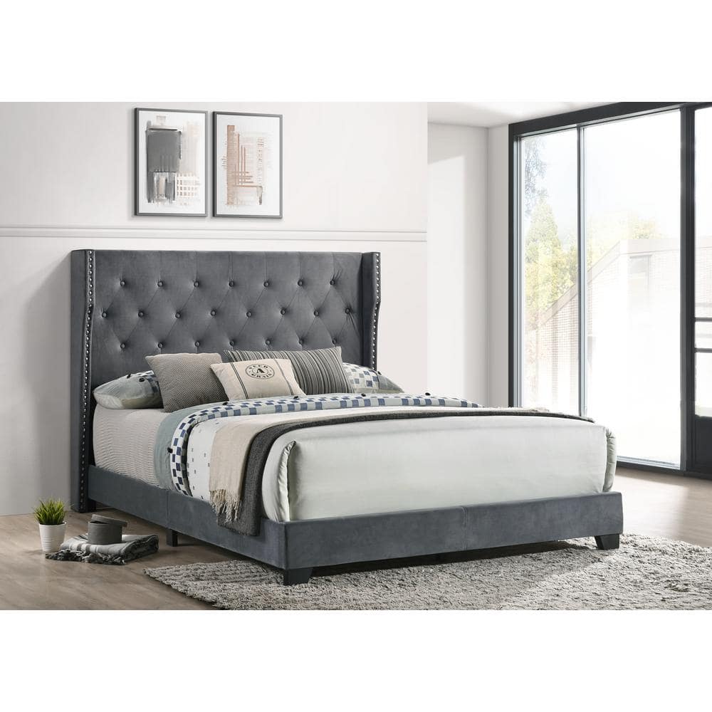 King-Size Luxe Velvet Tufted Headboard Bed with Nailhead Trim