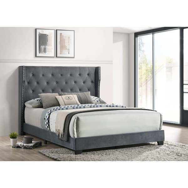Best Quality Furniture Larna Dark Gray Full/Queen Velvet
