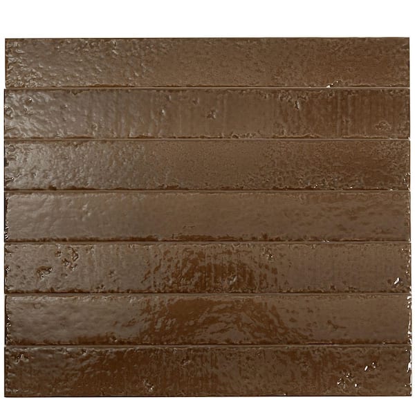 Valenza 2 in. x 16 in. Glossy Terra Mocha Ceramic Zellige Subway Wall Tile Sample (0.22 sq ft)