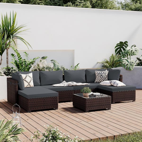 UPHA 7-Piece Outdoor Brown Wicker Patio Conversation Sofa Set with Ottomans for Patio with Dark Gray Cushions