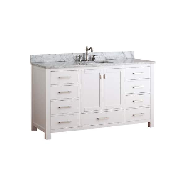 Modero 61 in. Single Sink White Bath Vanity with Carrara White Marble Top