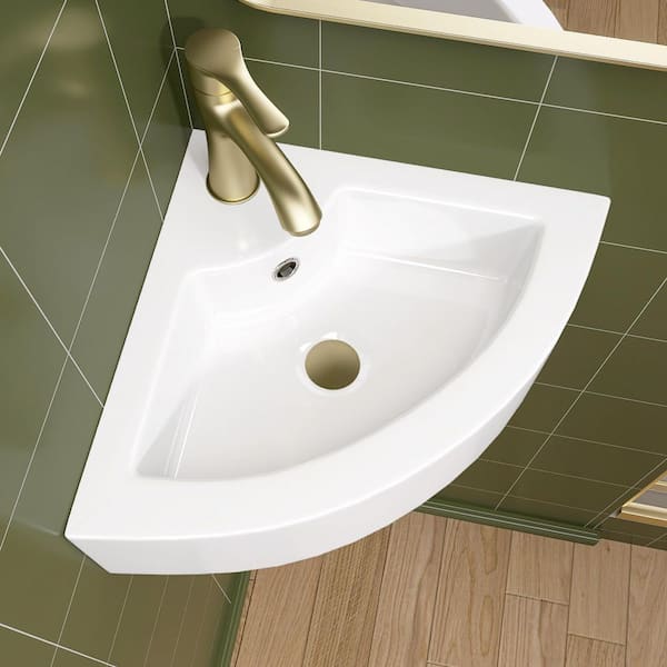 Zeafive 13 in. White Ceramic Corner Wall Mounted RV Bathroom Sink