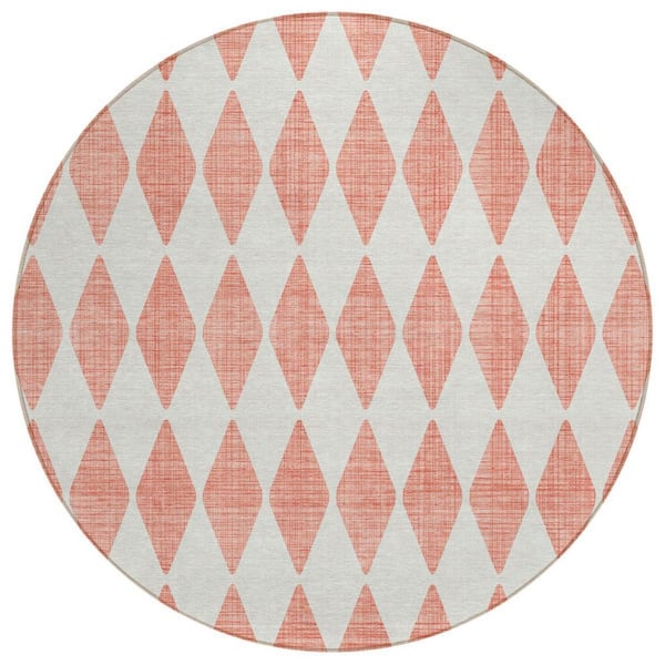 Salmon, Ivory 8 Round ft. Woven Geometric Polyester Round Indoor / Outdoor Area Rug