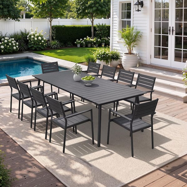 11-Piece 94.5 in. Rust-free Aluminum Wood-Like Patio Outdoor Dining Set with Umbrella Hole and Stackable Arm Chair