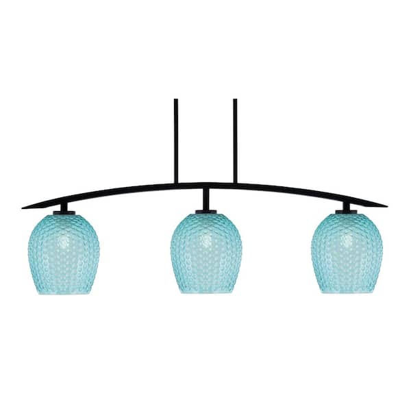 Unbranded Siena 41 in. 3-Light Matte Black Chandelier with 7.5 in. Turquoise Textured Glass Shades No Bulbs Included
