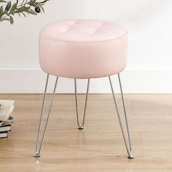 LUE BONA Pink Tufted Faux Leather Vanity Stool with Metal Legs for Makeup Room