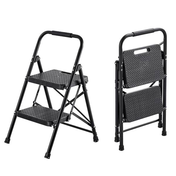 2 Step Ladder, Lightweight 600 lbs. Capacity Portable Steel Ladder, Folding Step Stool with Wide Anti-Slip Pedal, Black