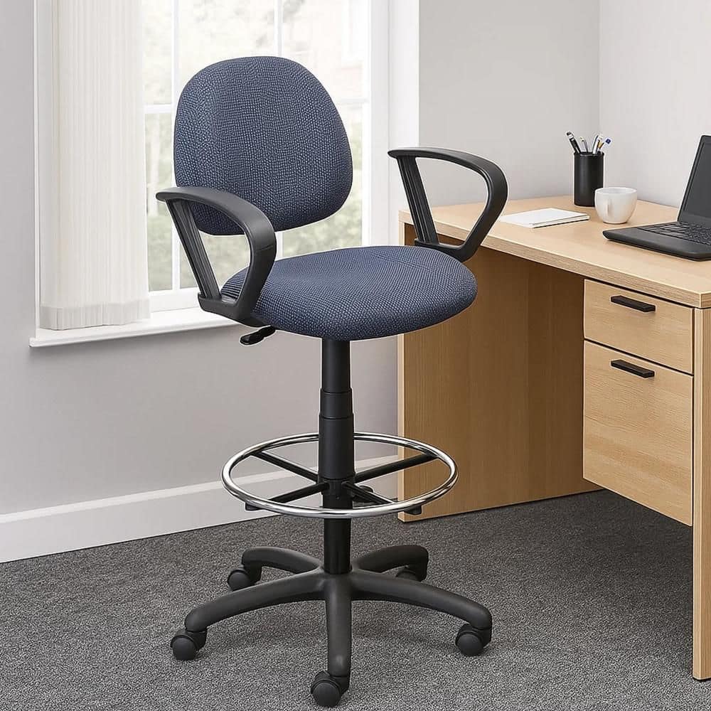 Benjara Jea Nylon Footring Ergonomic Office Stool in Blue, Black