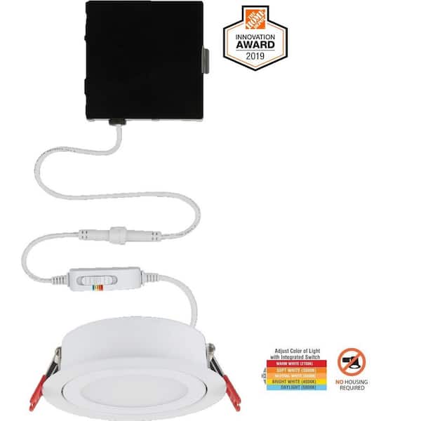 Slim Directional Integrated LED 4 in Round Adj Color Temp Canless Recessed Light for Kitchen Bath Living rooms, White
