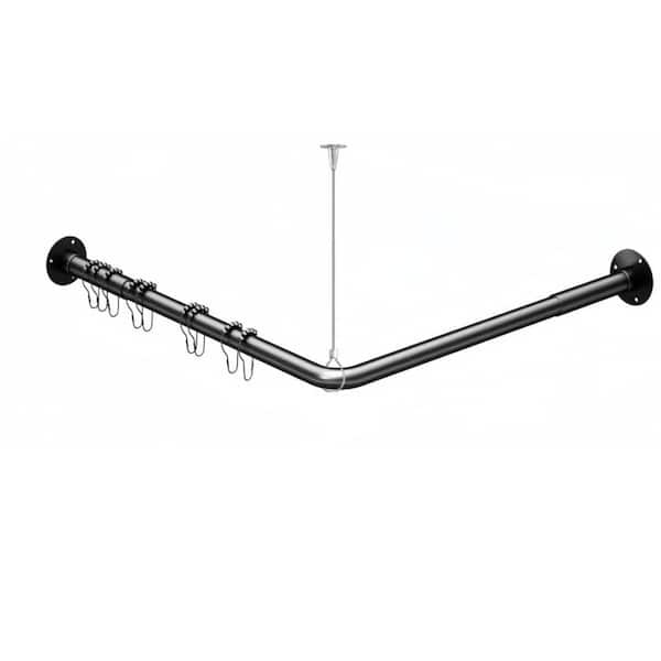 23-53 in. L-Shape Shower Curtain Rod with 12 Ring Hooks and Ceiling Support, 90° Corner Shower Curtain Rod, Black