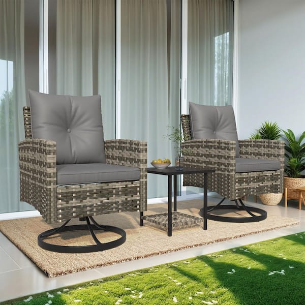 3-Piece Patio 360° Swivel Rocker Chairs, All-Weather PE Wicker Outdoor Bistro Set with Gray Cushions and 1-Coffee Table