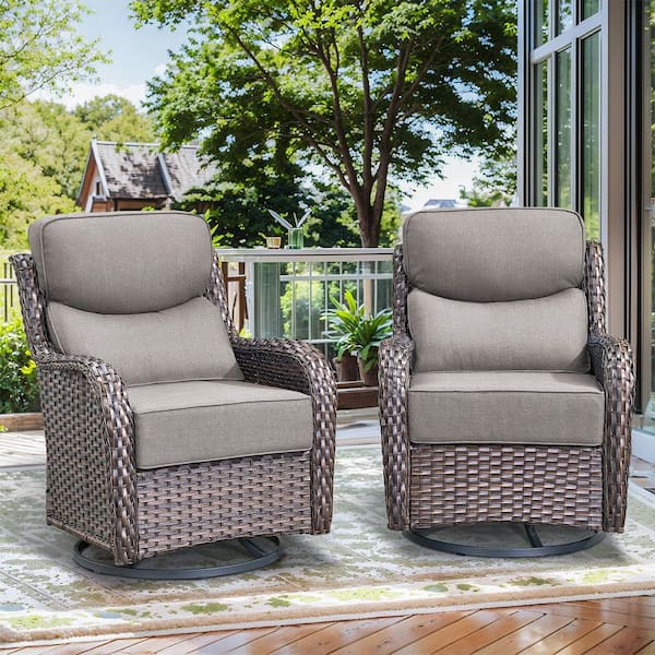 NovaSwivel 2-Piece Brown Wicker Outdoor Swivel Glider with Olefin 6-inch Thick Gray Cushions Patio Rocking Chairs