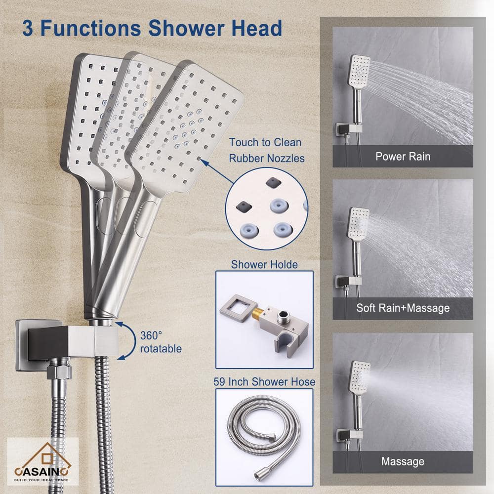 Brushed Nickel Wall Mounted Square Rain Shower System with Handheld