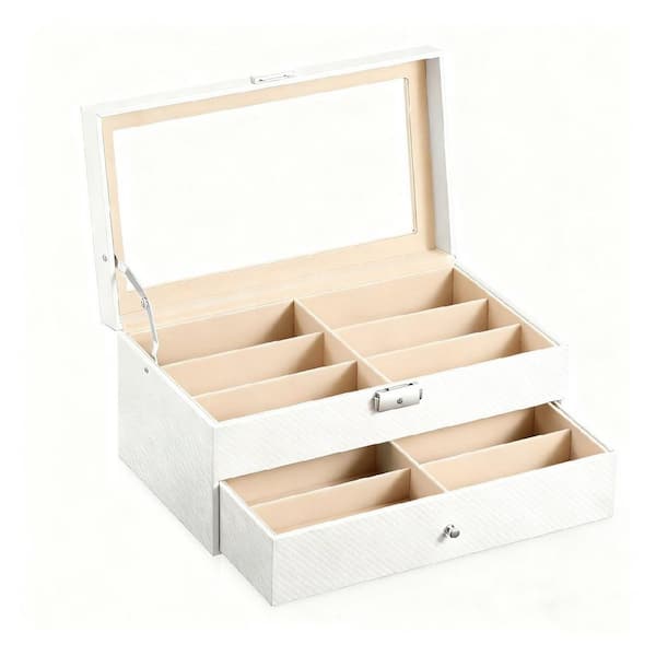 White Rectangular Wood Jewelry Box with 4 Drawers and Swing Door