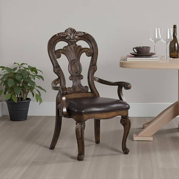 Leova Dark Brown Wood Ornate Corbels Dining Armchair with Faux Leather Seat (Set of 2)