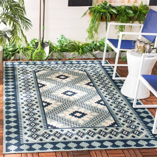 Veranda Ivory/Blue Doormat 3 ft. x 5 ft. Geometric Border Indoor/Outdoor Patio Area Rug