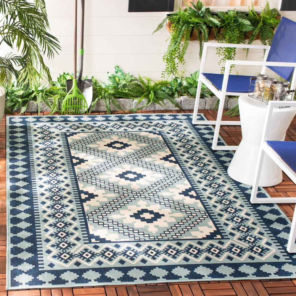 Veranda Ivory/Blue 4 ft. x 6 ft. Border Indoor/Outdoor Patio  Area Rug