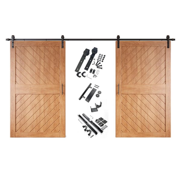 HOMACER XT4 48 in. x 84 in. C-Panel Early American Slanted Stripe Design Double Pine Wood Sliding Barn Door with Hardware Kit
