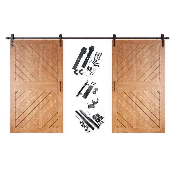 HOMACER XT4 50 in. x 84 in. C-Panel Early American Slanted Stripe Design Double Pine Wood Sliding Barn Door with Hardware Kit