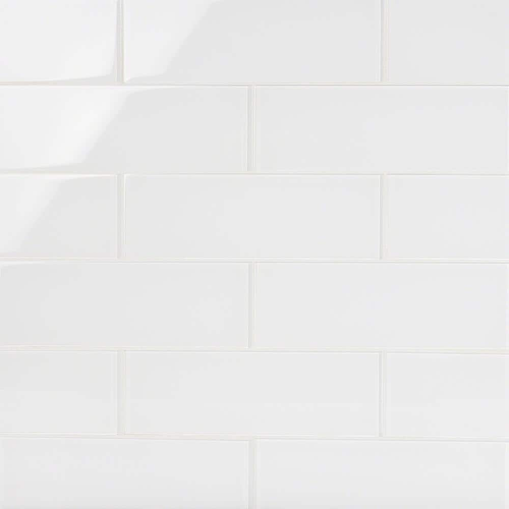 Ivy Hill Tile Contempo Bright White 4 in. x 12 in. x 8 mm Polished Glass Subway Floor and Wall Tile (15 pieces 5 sq.ft/Box)