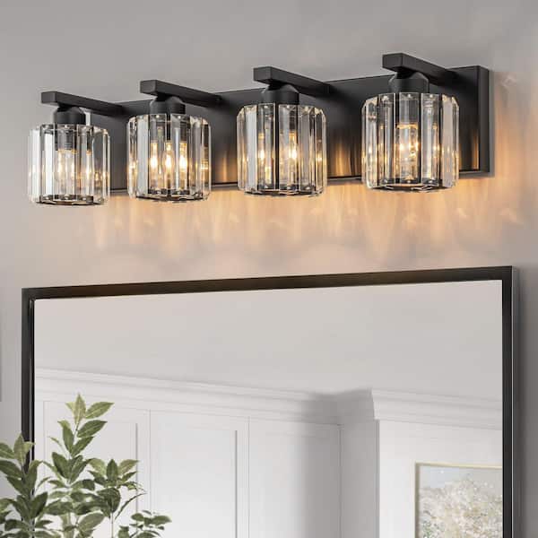 24.41 in. 4 Lights Black Modern/Contemporary Cylinder Clear Crystal Shade Bathroom Vanity Light