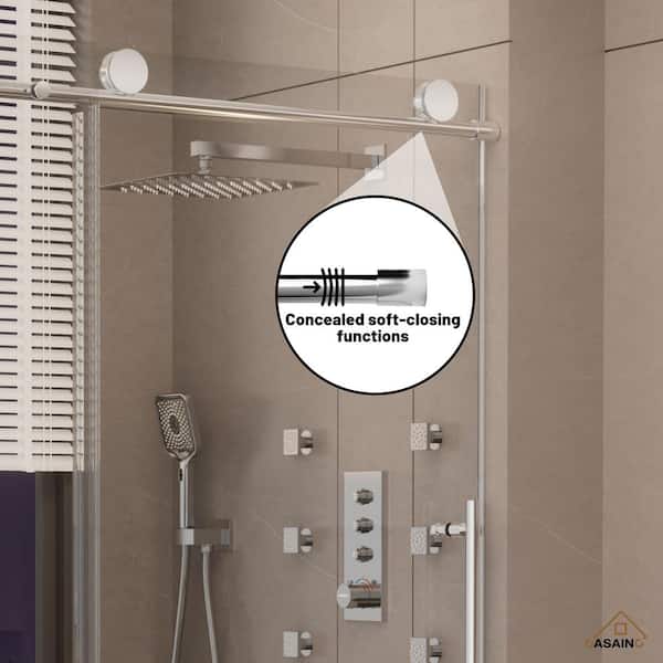 60 in. W x 76 in. H Sliding Frameless Shower Door in Chrome Finish with Soft-closing and Tempered Clear Glass