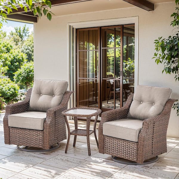 Round Side Series 3-Pieces Brown Wicker Outdoor Swivel Rocking Chair with CushionGuard Beige Cushions