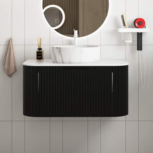 30 in. Wall-Mounted Black Bath Vanity with White Engineered Marble Top Pre-Assembled