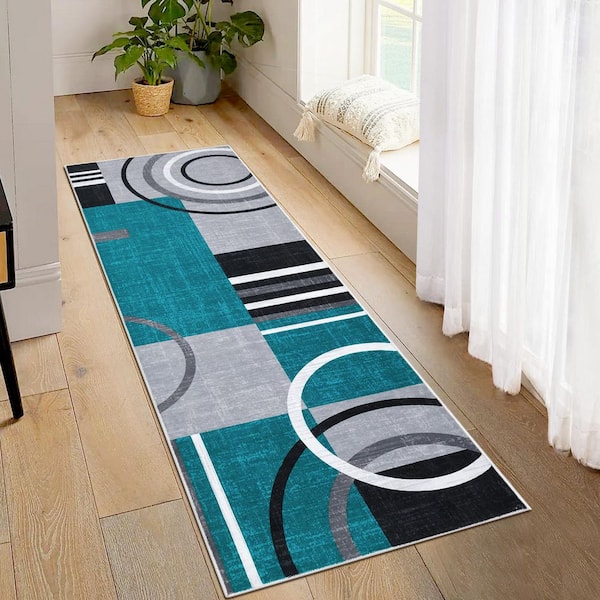 Blue Green 2x6ft Geometric Abstract Washable Area Rug