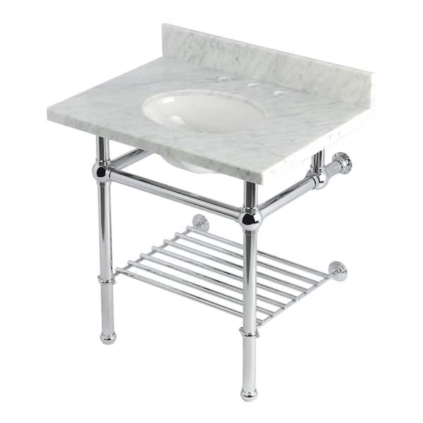 Kingston Brass Templeton 30 in. Marble Console Sink with Brass Legs in Carrara Marble Polished Chrome