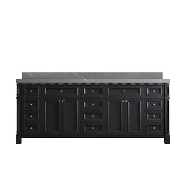 Willow Collections Paris 84 in. W x 22 in. D x 36 in. H Double Sink Bath Vanity in Black with 2 in. Piatra Gray qt. Top